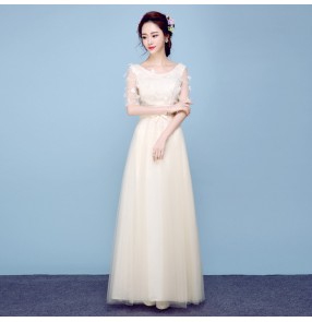 Champagne colored chiffon A line long length see though short sleeves Women's ladies female formal wedding party bridesmaid celebration special occasion evening dresses vestidos gown